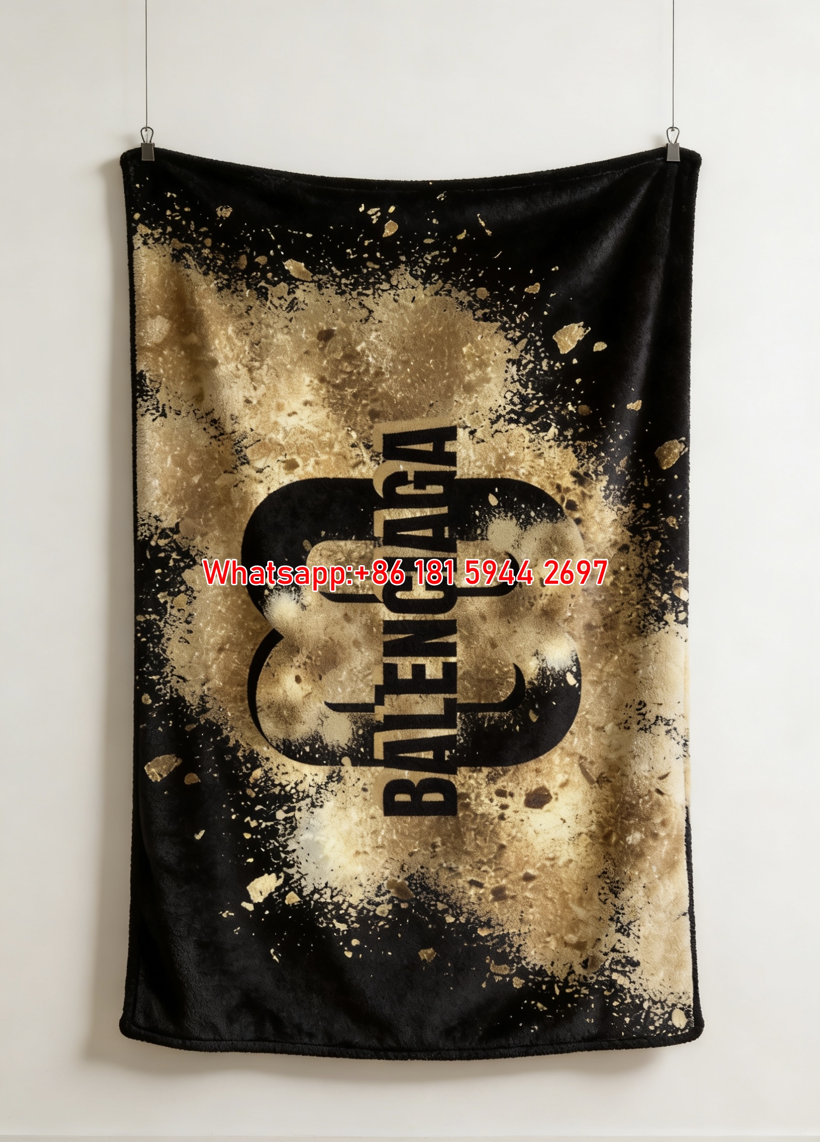 Balenciaga Gold Splatter BB Logo Flannel Sofa Throw Blanket Luxury Brand Cover BA018